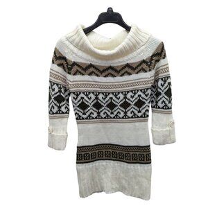 Wet Seal Cream Brown Green Fair Isle Cowl Neck Bodycon Sweater Dress Size Small